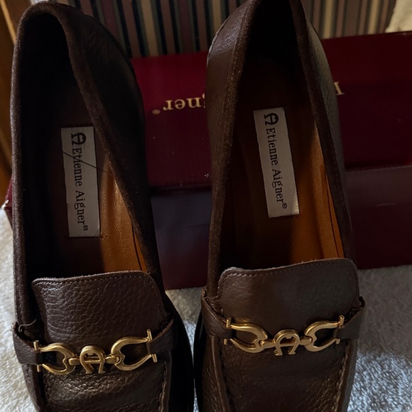 Etienne Aigner Dark Brown Leather Loafers with Gold Tone Hardware - Picture 5 of 6